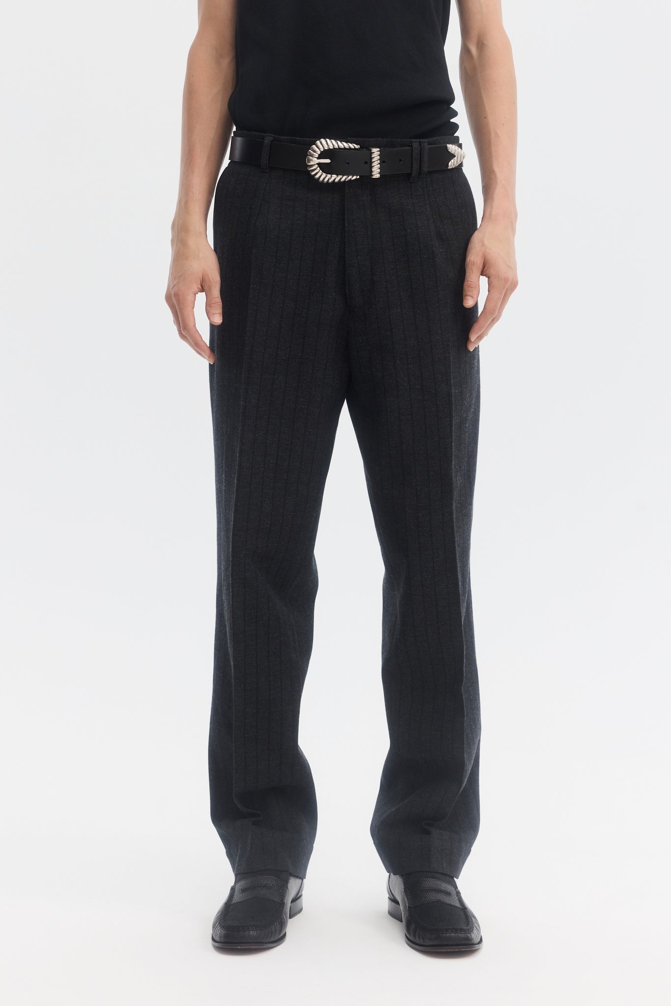 Black grey wool stripe straight trousers