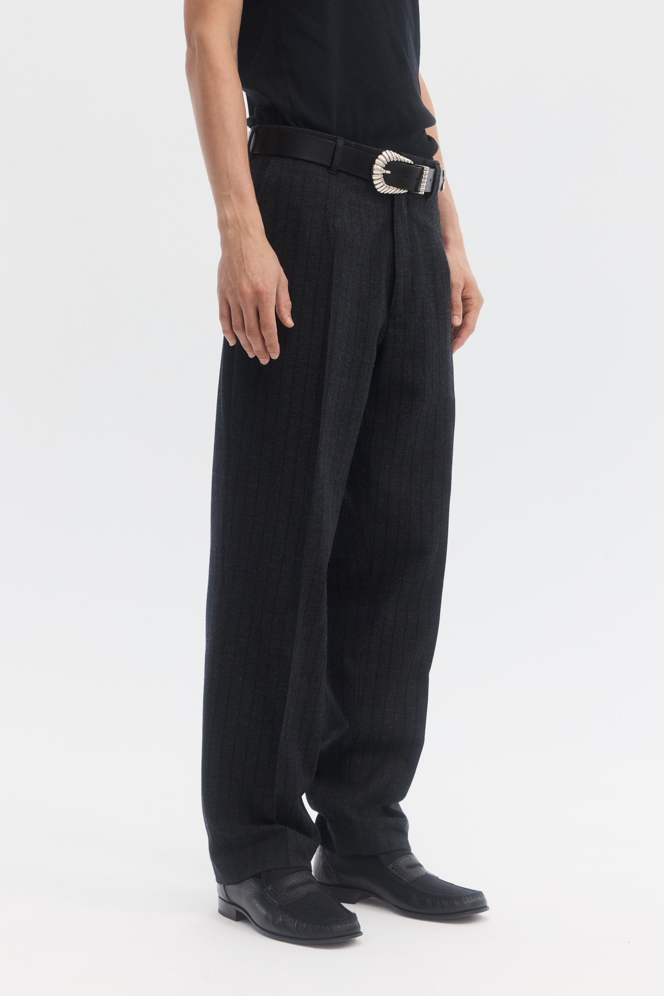 Black grey wool stripe straight trousers