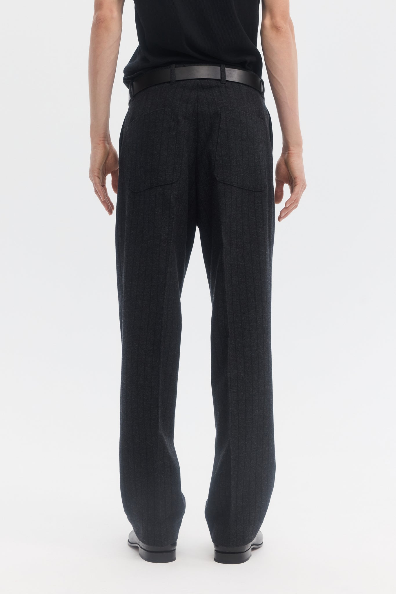 Black grey wool stripe straight trousers