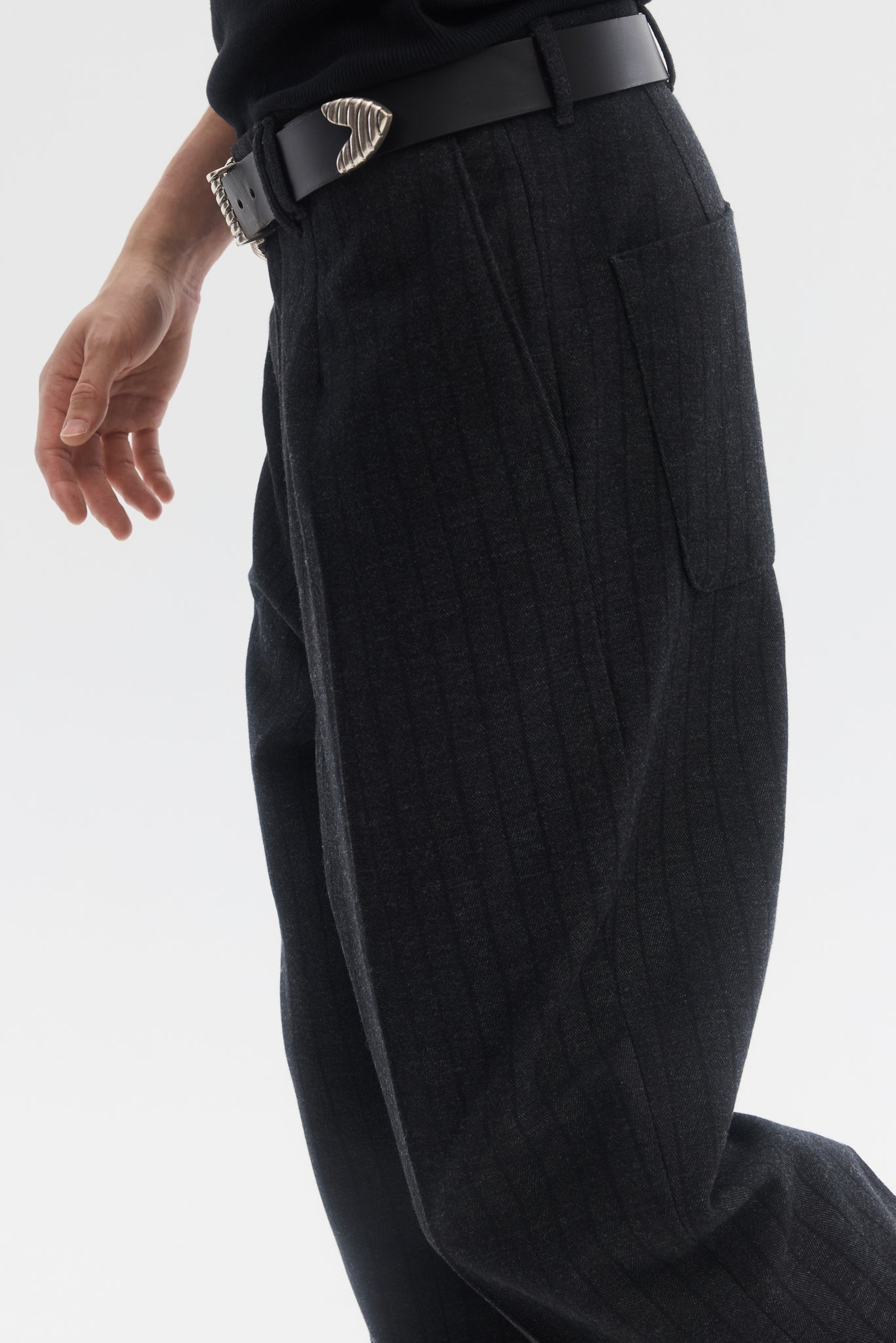 Black grey wool stripe straight trousers