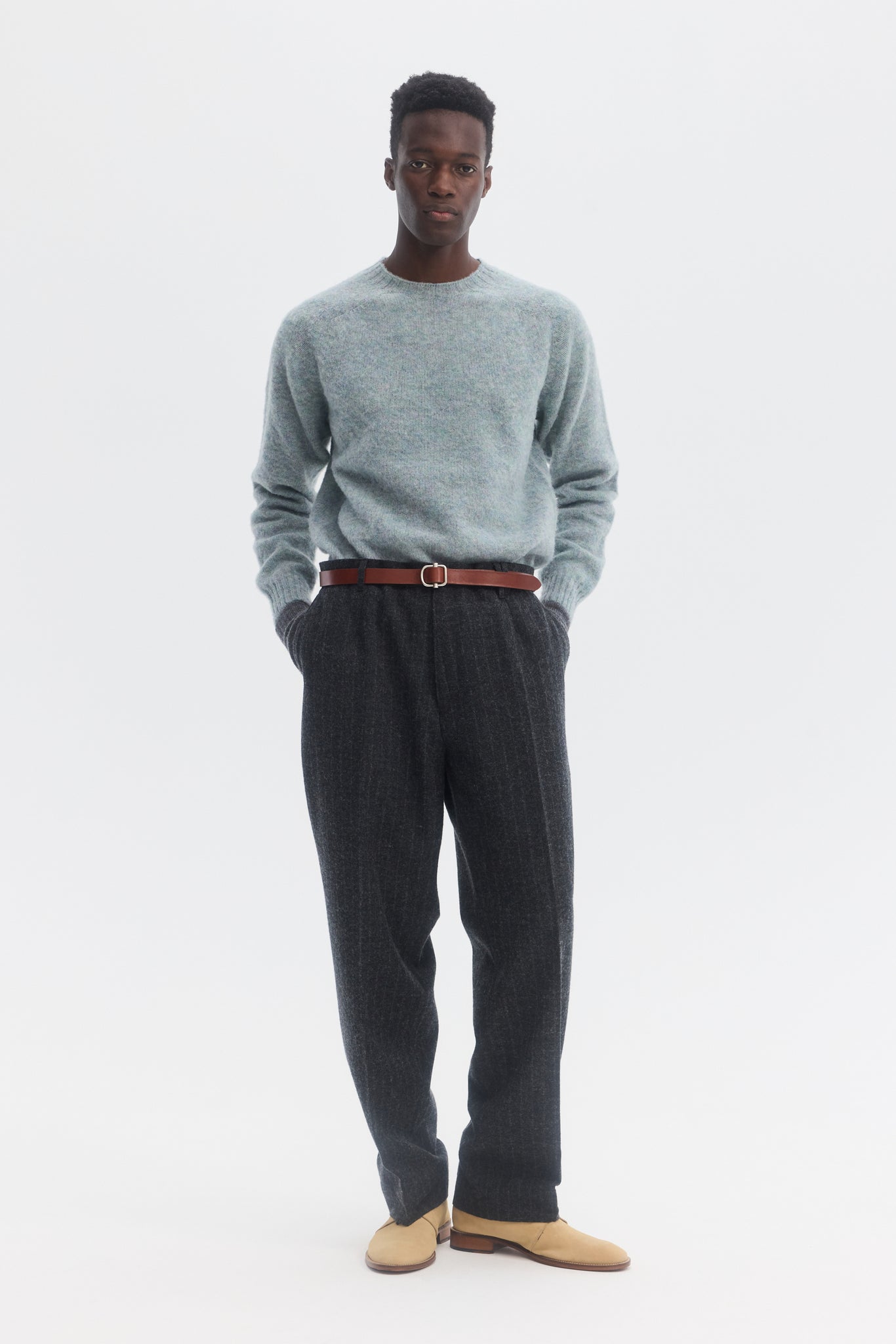 Chalk stripe brushed wool straight trousers