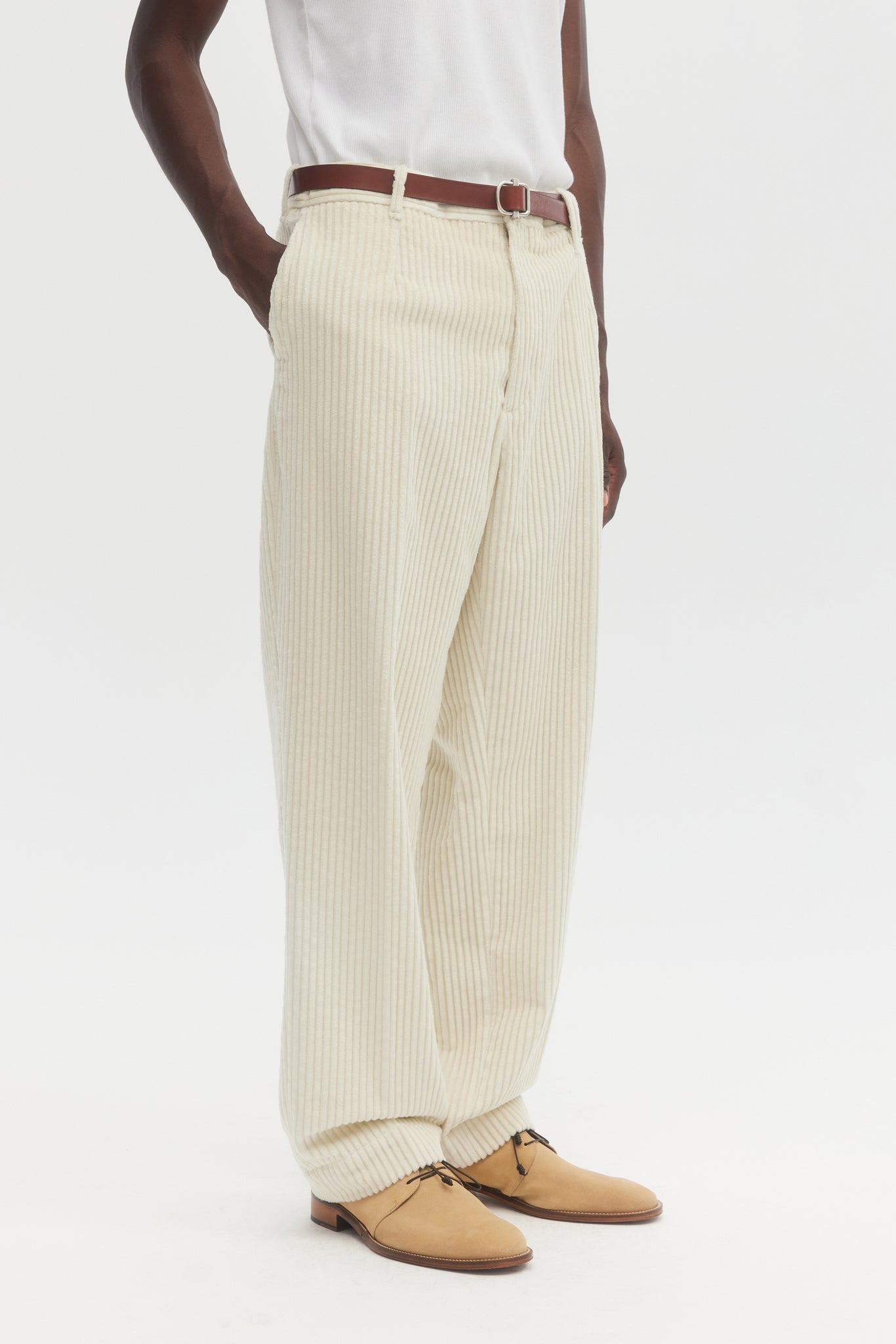 Cream jumbo wales corduroy straight trousers