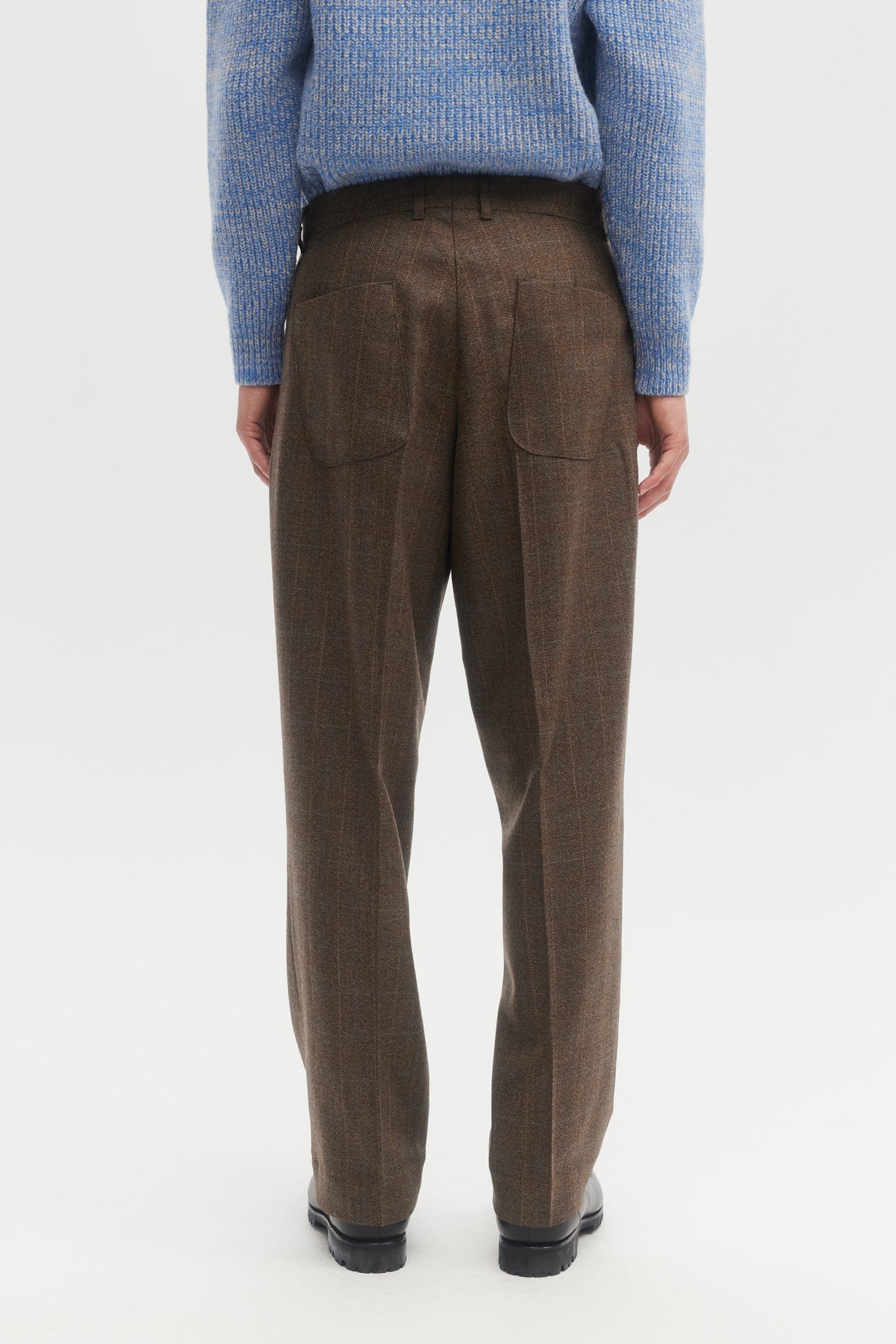 Light brown plaid wool flannel straight trousers