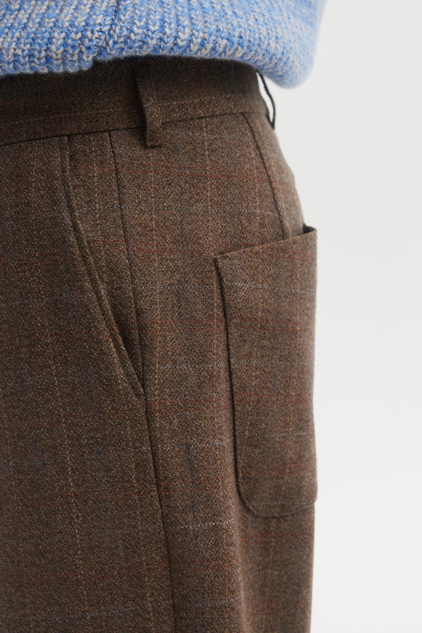 Light brown plaid wool flannel straight trousers