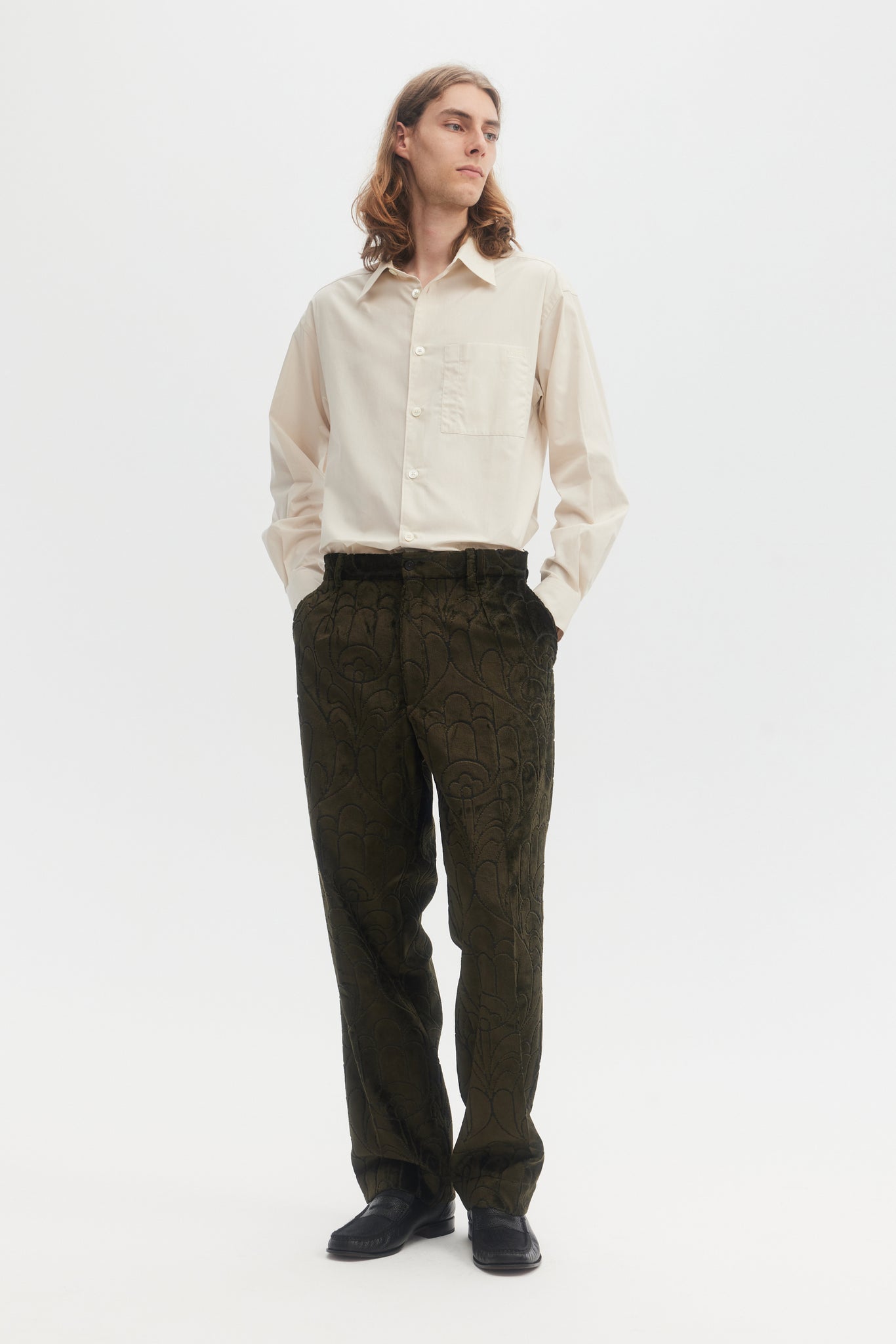 Green folk velvet jacquard straight trousers