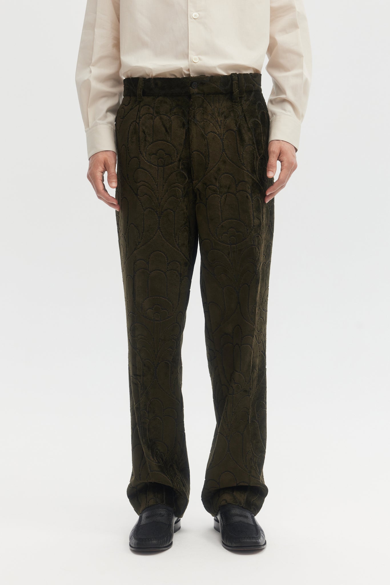 Green folk velvet jacquard straight trousers