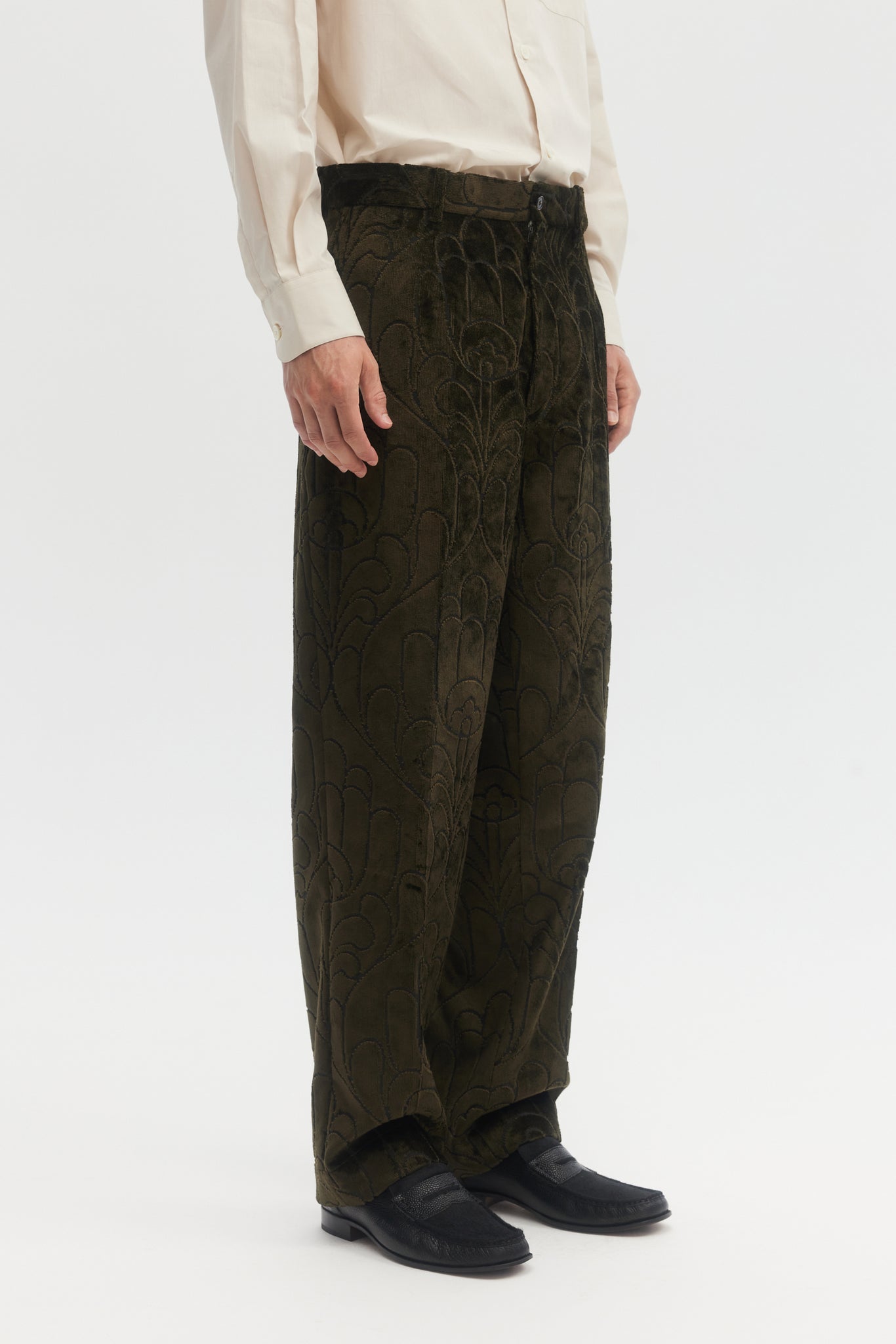 Green folk velvet jacquard straight trousers