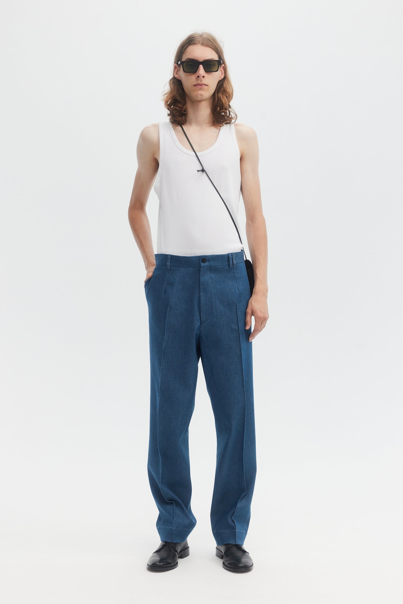 Blue denim pleated straight trousers