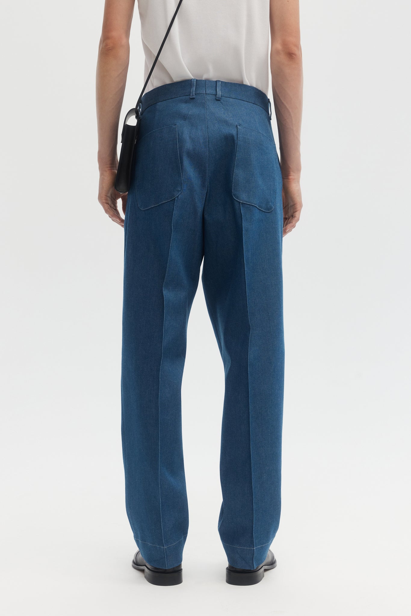 Blue denim pleated straight trousers