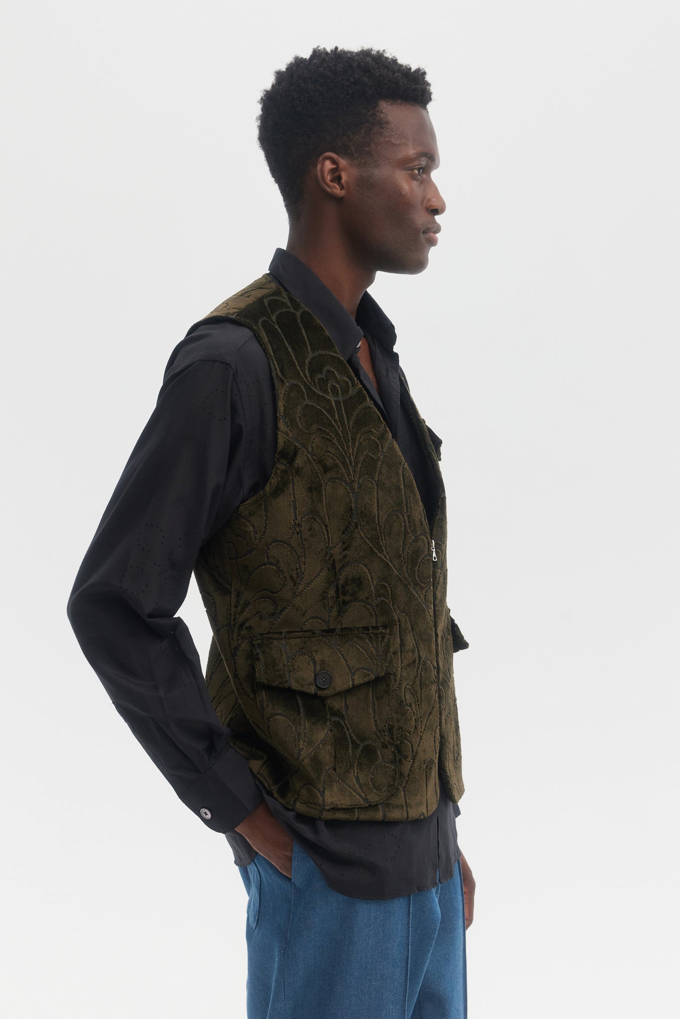 Green folk velvet jacquard cotton vest