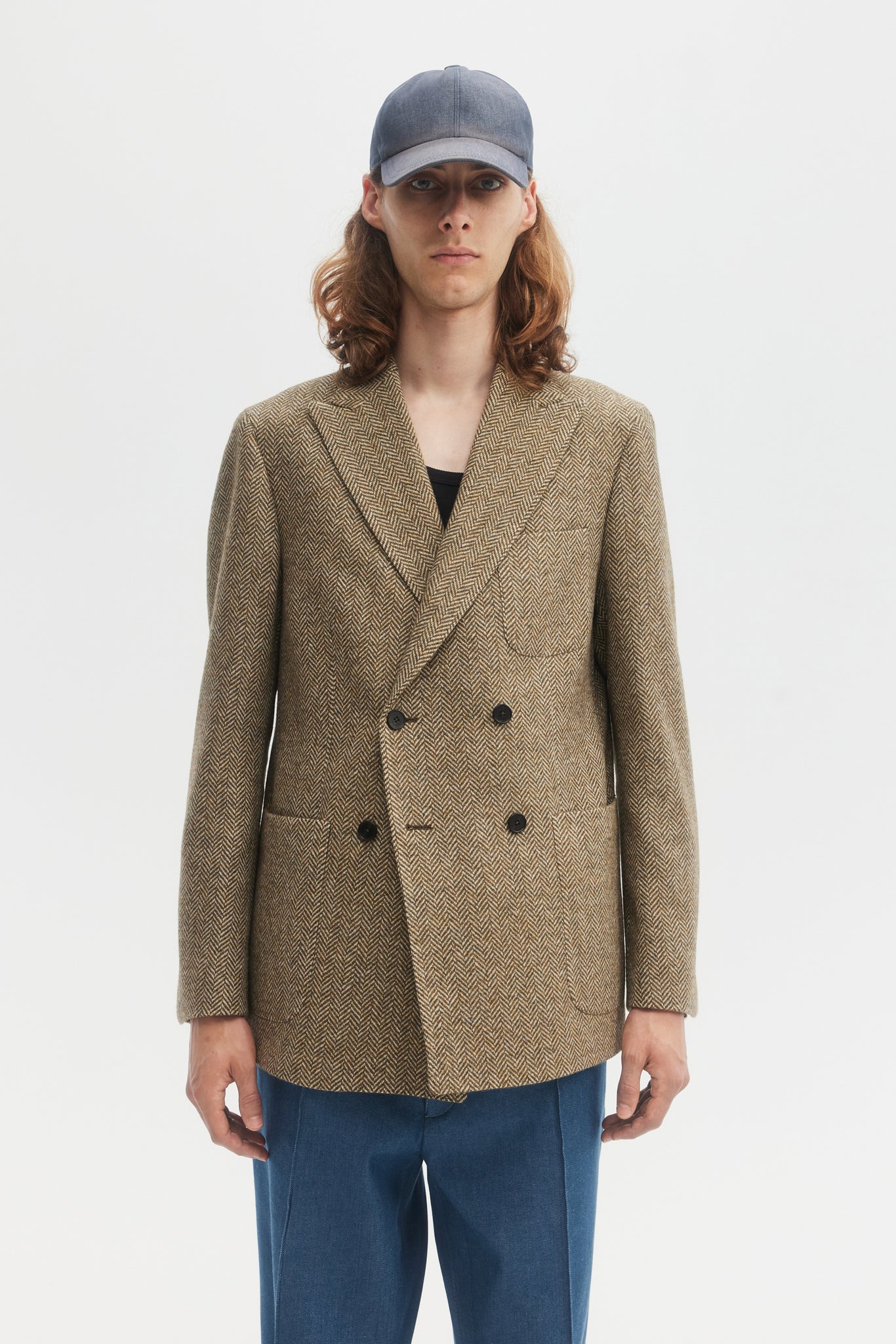 Olive herringbone wool tweed double breasted blazer