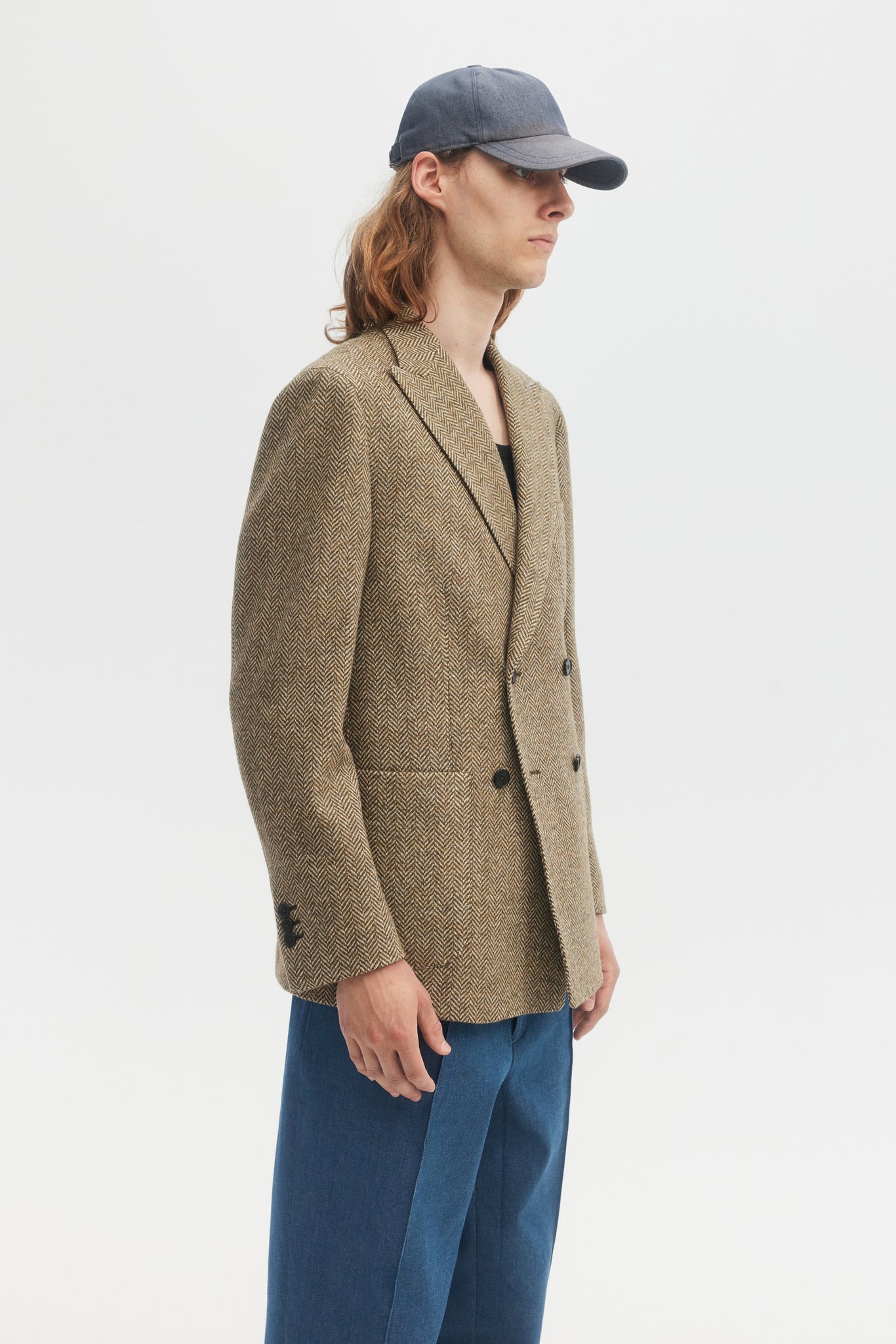 Olive herringbone wool tweed double breasted blazer