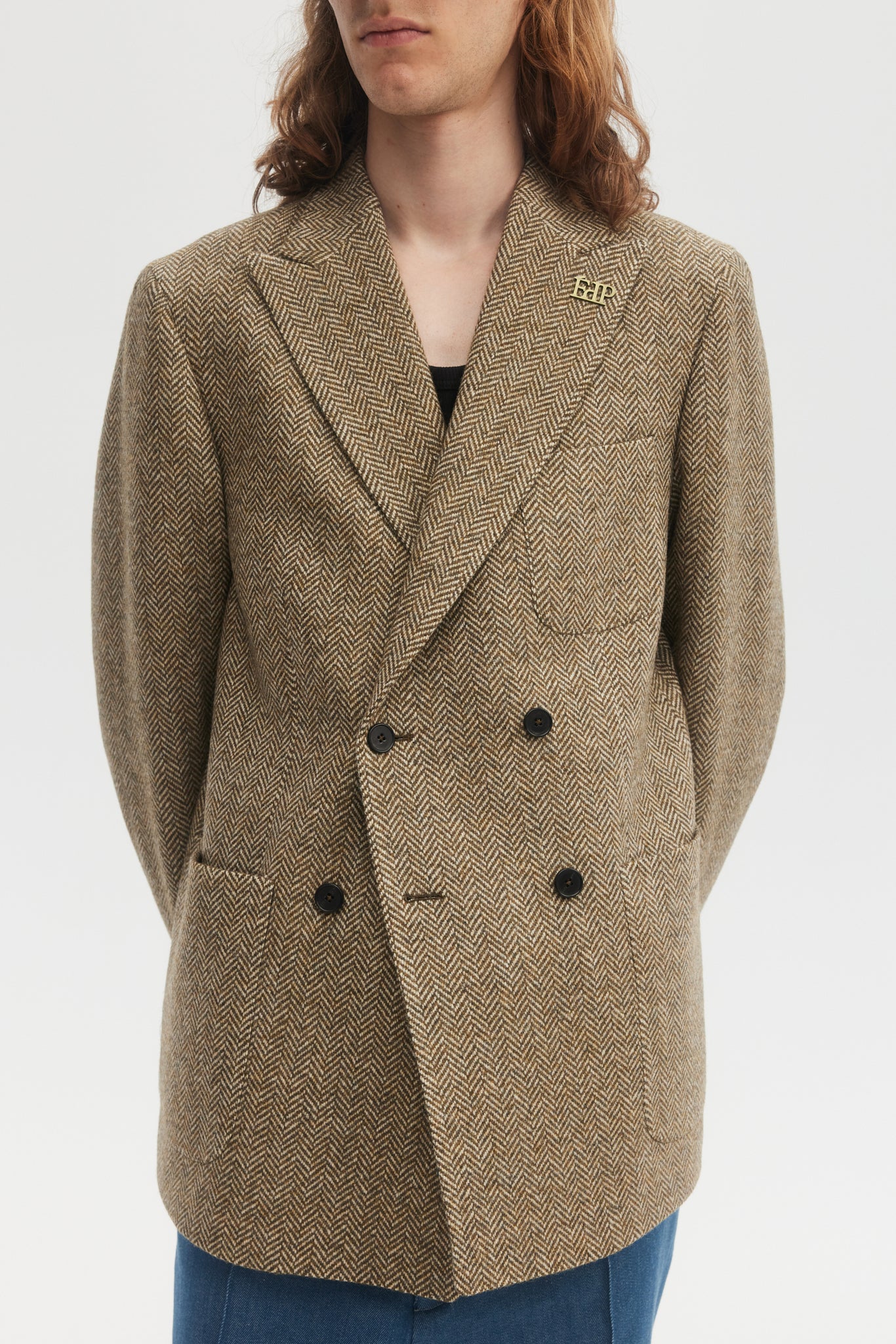 Olive herringbone wool tweed double breasted blazer