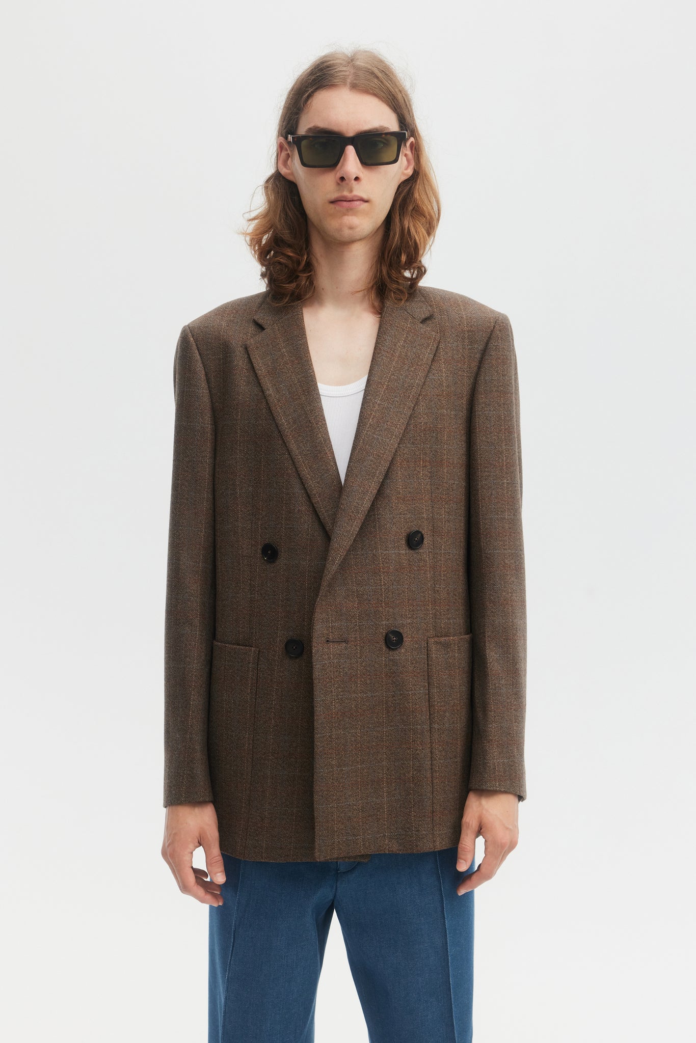 Light brown plaid wool double breasted blazer