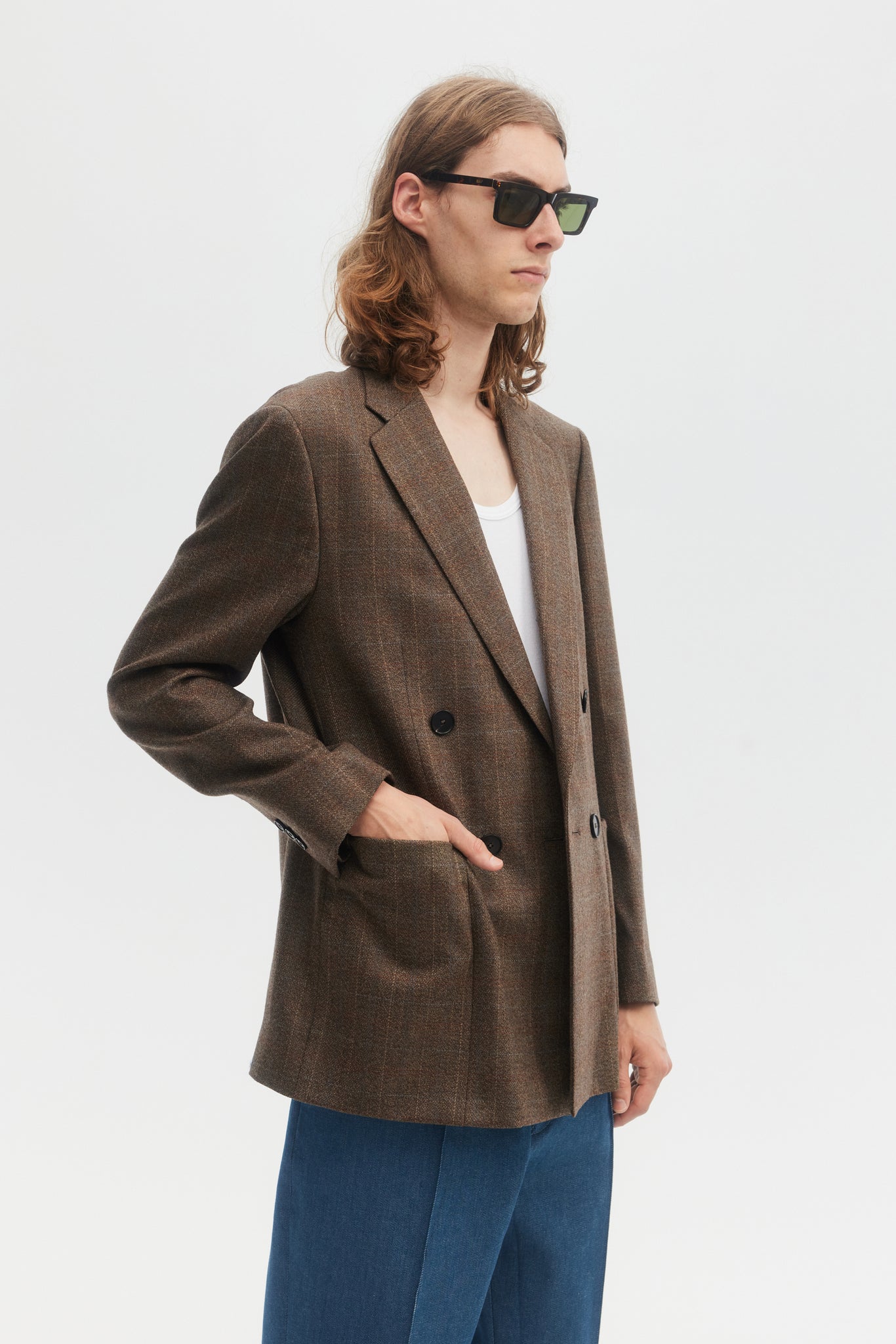 Light brown plaid wool double breasted blazer