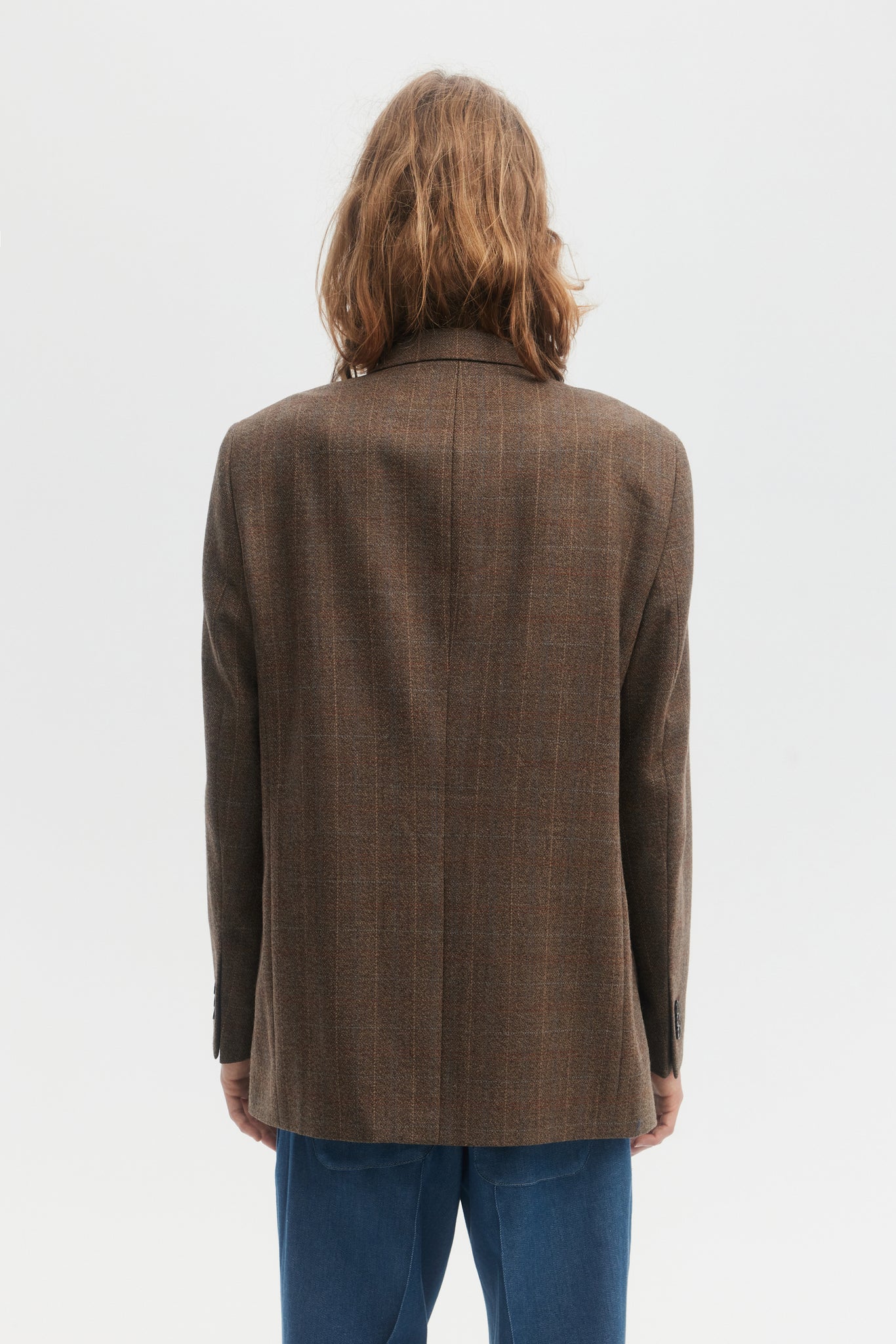 Light brown plaid wool double breasted blazer