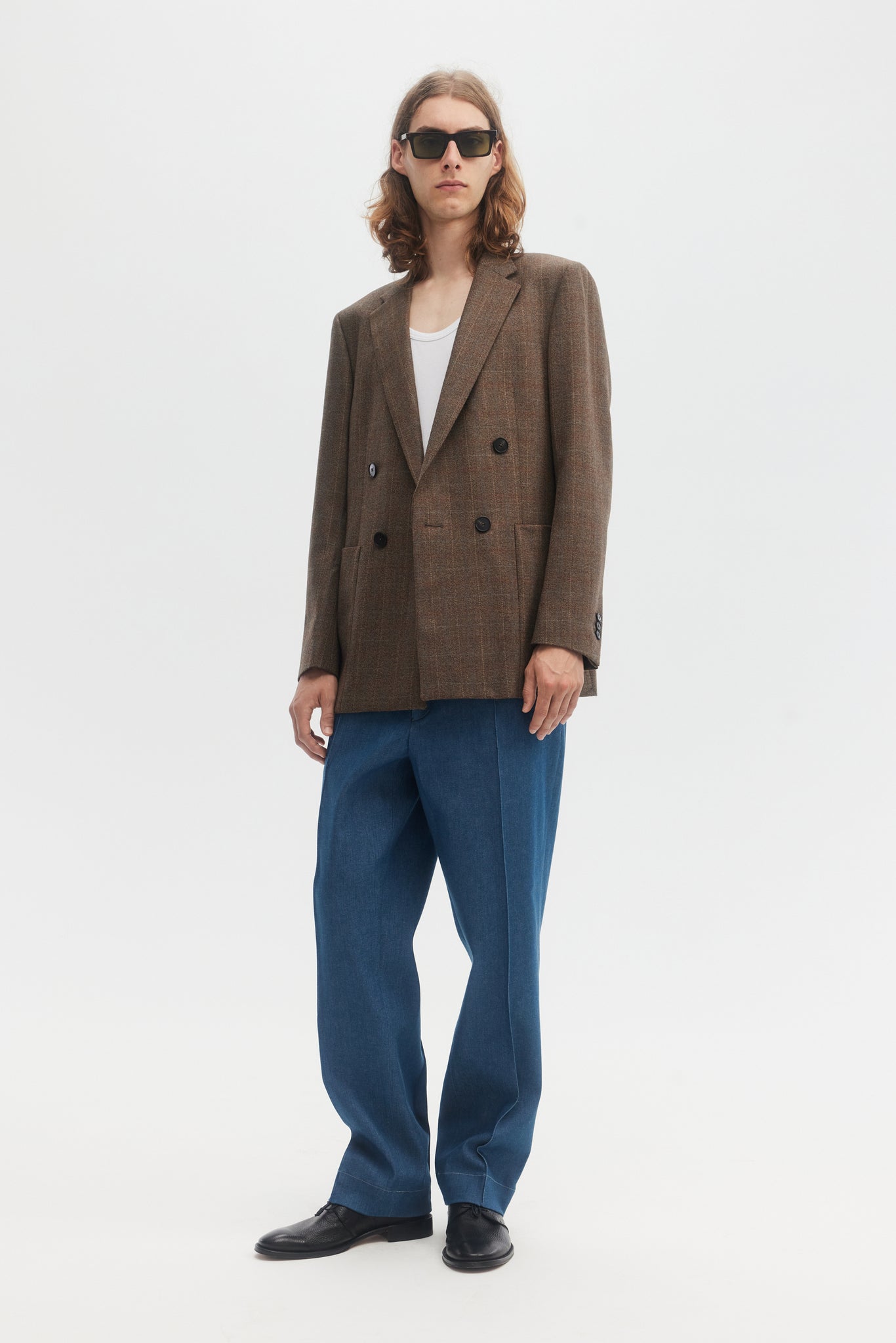 Blazer croisé en laine à carreaux marron clair