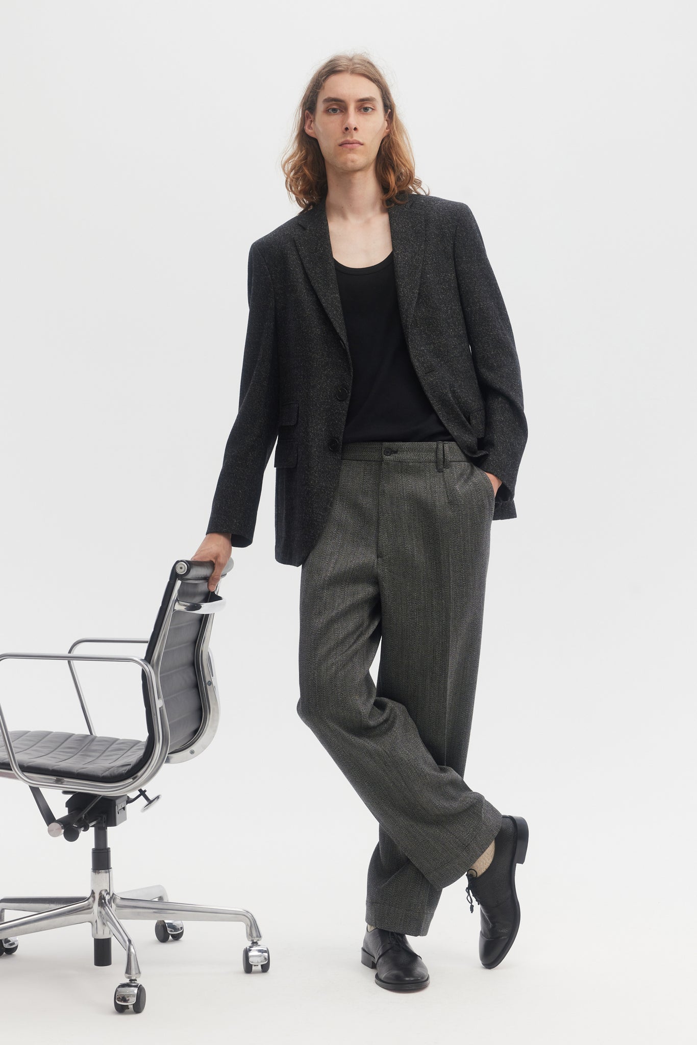 Charcoal herringbone wool gabardine straight trousers